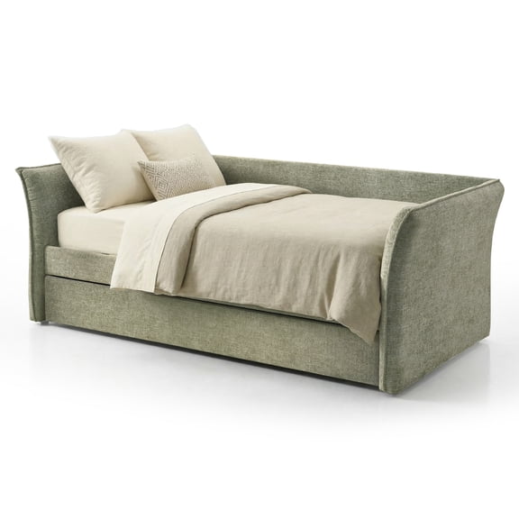 Furniture of America Liovet Fully Fabric Upholstered Flared Arm Twin Daybed with Trundle, Light Green