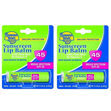 - Banana Boat with Aloe Vera and Vitamin E UVA/UVB Protection Sunscreen Lip Balm, Broad Spectrum SPF 45, 0.15 Oz (Pack of 2)