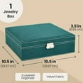thumbnail image 4 of Velvet Jewelry Box Organizer - 10.5 x 10.5 x 3.5 in, Green - Lockable 2-Tier Travel Jewelry Case & Earring Storage - Removable Tray & Built-In Necklace Organizer, 4 of 9