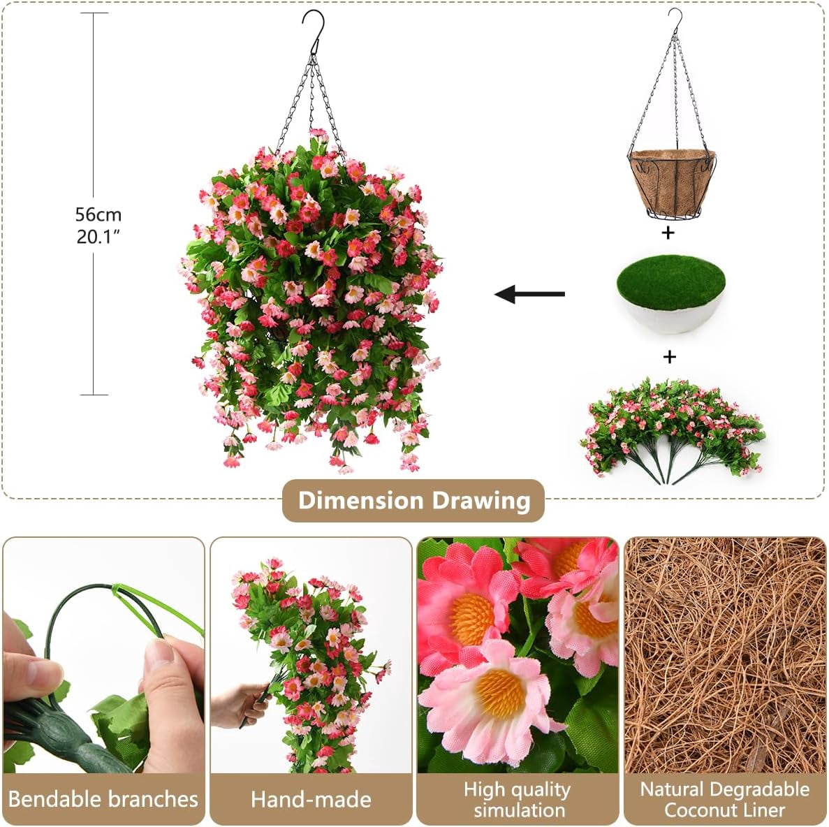 Artificial Silk Flowers in Hanging Basket Outdoor Indoor Garden Decor, Artificial Hanging Plant in Basket, Hanging Daisy Flowers with 12inch Coconut Lining Chain Palm Flowerpot(Pink)