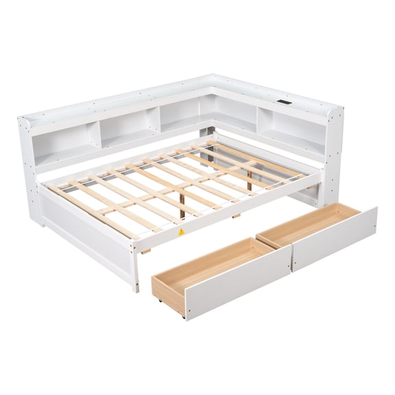 Miekor Furniture Full Size L-shaped Bookcases Bed with Power Outlets, USB Charging Ports,Two Drawers,Whtie MK1414