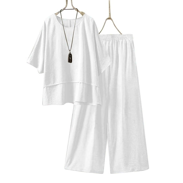 Soki Ensembles 2 Pcs en Lin pour Femmes, Hauts à Manches Courtes, Pantalons à Jambes Larges, Ensembles Décontractés d'Été
