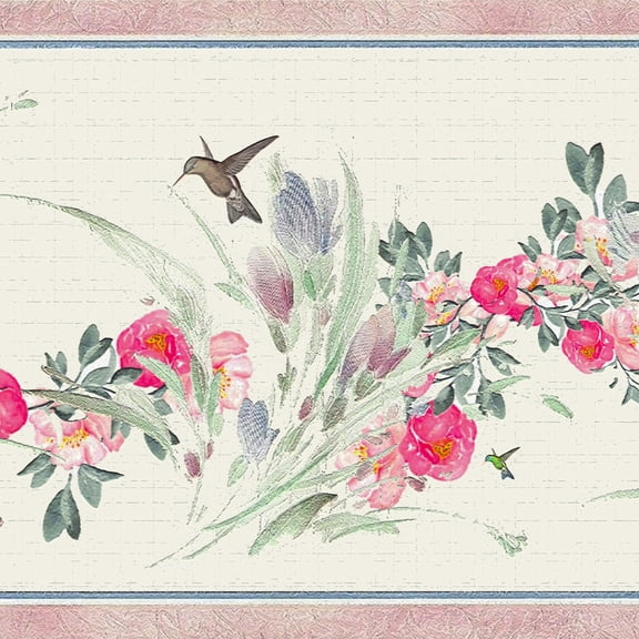 Dundee Deco Peel and Stick Self Adhesive Wallpaper Border - Floral Red, Pink, Green, Hummingbird, 15 ft x 7 in