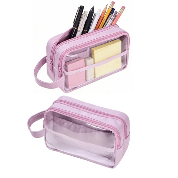 Pencil Pouch & Pencil Case,2 Separate Zippered Compartments,Large Capacity Clear Bag for Pens,Markers,Tape,and Supplies(A2,Purple)