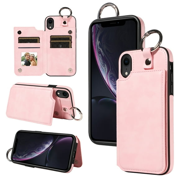 Feishell for iPhone XR Back Flip Wallet Case with ID Credit Card Slots & Metal Ring, Premium PU Leather Shockproof Magnetic Buckle Flip Kickstand Phone Case for Women Men,Rosegold