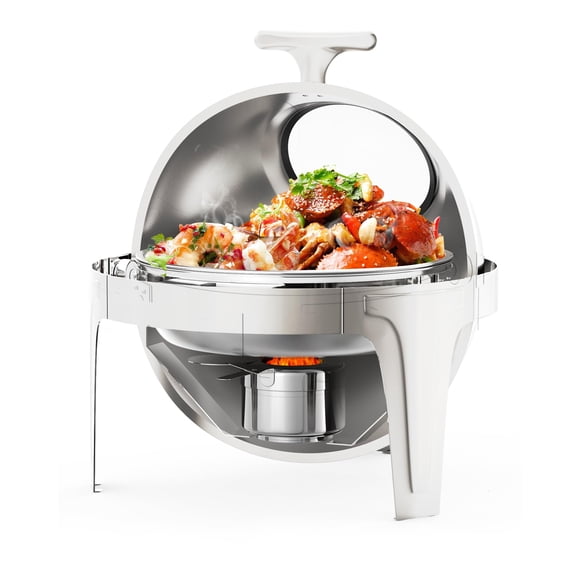 Ensemble de Plats à Rouler pour Buffet, Plat Rond de 6,3 QT pour Buffet, Réchaud/chauffe-Plat en Acier Inoxydable avec Fenêtre en Verre, Plat Pleine Grandeur pour Traiteurs, Fêtes, Banquets, Argent