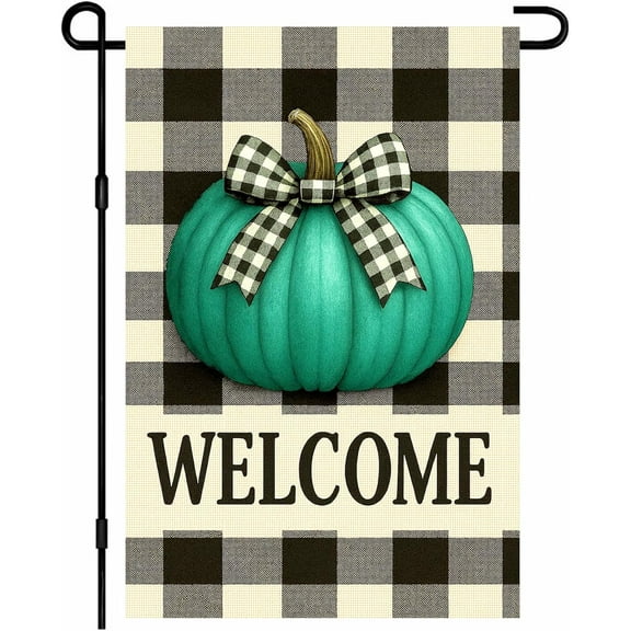 Thanksgiving Fall Garden Flag 12x18 Inch Welcome Teal Pumpkin Outdoor Flag Double Sided Yard Banner with Gingham Plaid Bow for Porch Lawn Patio Rustic Farmhouse Autumn Decor