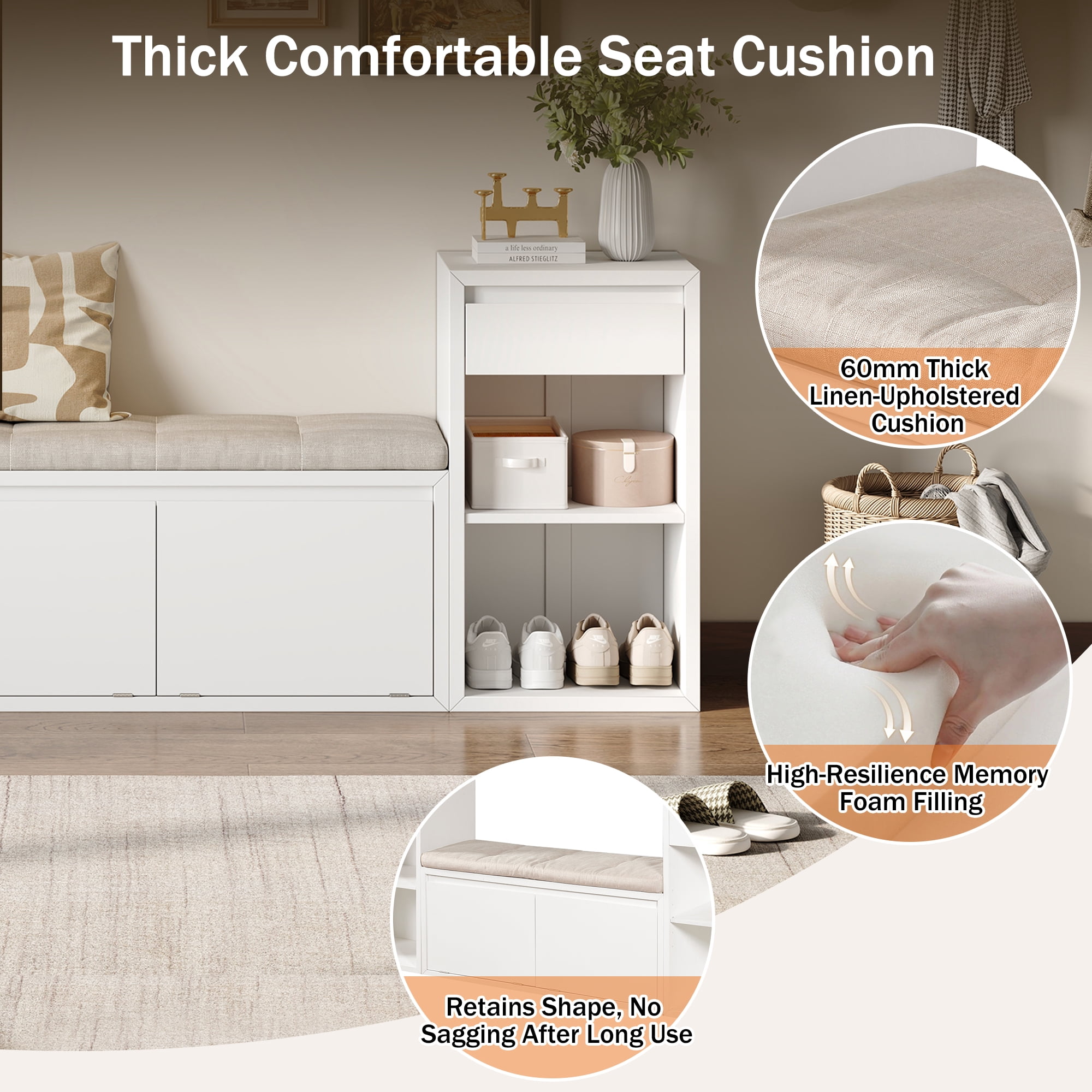 Aukfa 3pcs Storage Shoe Bench Set with Cushioned Seat, Entryway Organizer with Open Shelves & Cubbies,White