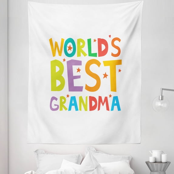 Grandma Tapestry, Cartoon Style Lettering Worlds Best Grandma Words with Stars Colorful Illustration, Fabric Wall Hanging Decor for Bedroom Living Room Dorm, 5 Sizes, Multicolor, by Ambesonne