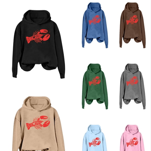 Arlun Vintage Lobster Print Hoodies for Women Casual Long Sleeve Relaxed Fit Funny Graphic Pullover Sweatshirts Soft Comfortable Hooded Tops for Fall Winter Daily Wear 1-Pink XL
