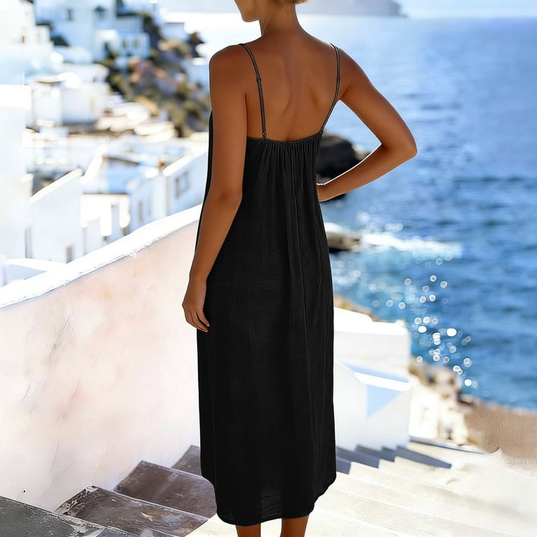 cotton cami midi dress Zquuvou Cami Midi Dresses for Women Linen Cotton Long Spaghetti Straps V Neck Camisole Dress Casual Summer Beach Vacation Dress Black, Women's, Size: