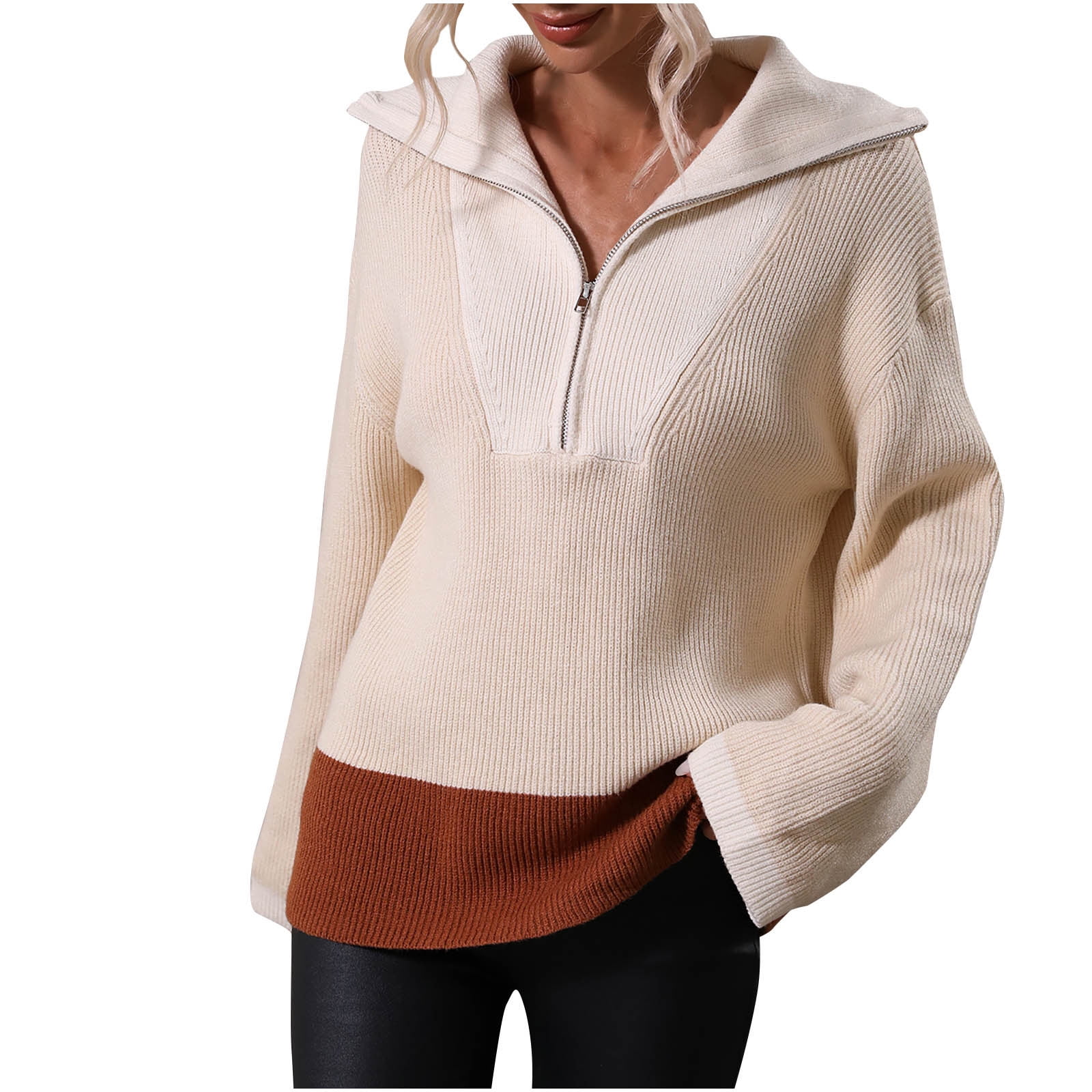 Topllc Fall Sweater Plus Size Fall Clothes Women Fashion Stand Up Collar Long Sleeve Zipper Color Matching Sweater Tee Tops Kint Long Sleeve Oversized