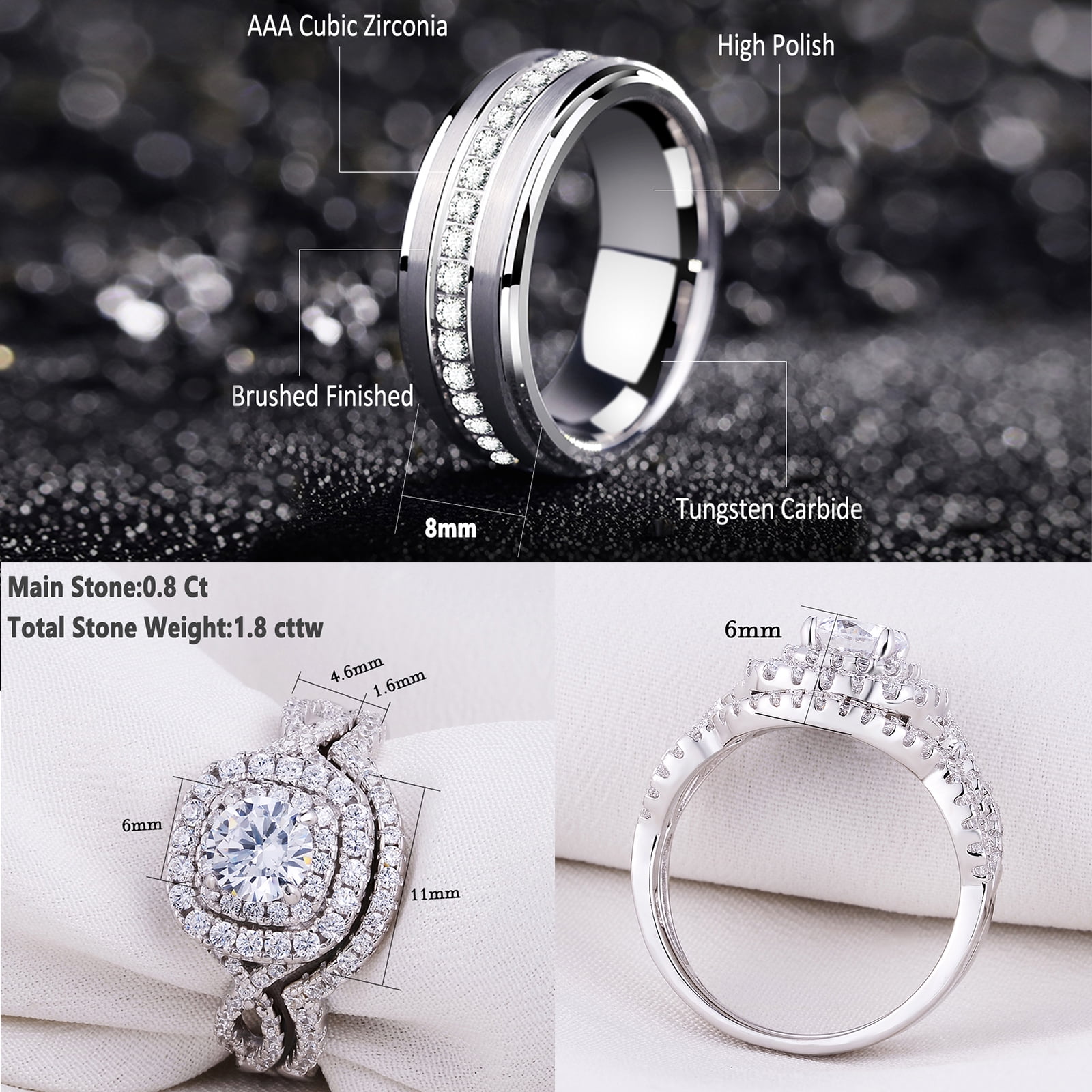 Newshe Wedding Ring Sets For His and Hers Promise Couples Rings Tungsten Wedding Bands White Cz Size 9&7