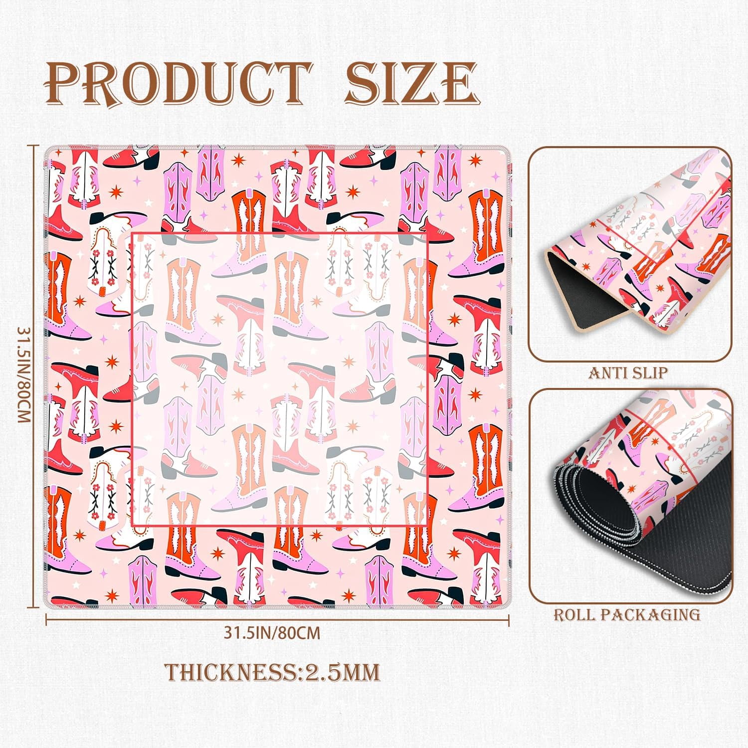Pink Western Mahjong Mat for Table 31.5x31.5 in, Coquette Preppy Cowgirl Boot Mahjong Table Mat Cover Anti Slip Noise Reduction for Mah Jong Card Board Tile Games
