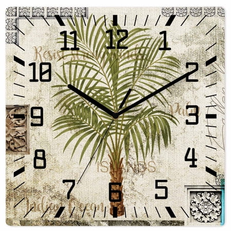 Vintage Palm Trees Wooden Wall Clock Silent Non Ticking, Summer Tropical Botanical Beige Burlap Square Wall Clocks Battery Operated, Decor Clock for Home Office, Living Room, Kitchen, 12 Inch