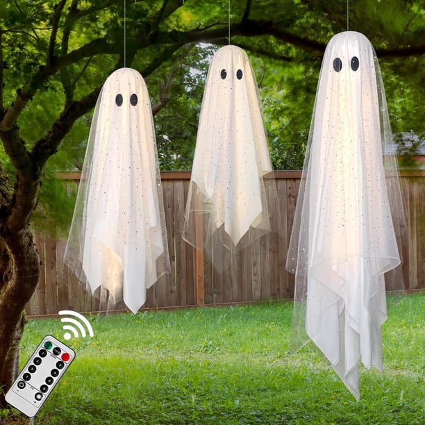Decoración colgante de fantasma para Halloween | Lámpara colgante con control remoto y temporizador | Tela gruesa resistente a las arrugas, decoración espeluznante para exteriores, porche, patio,