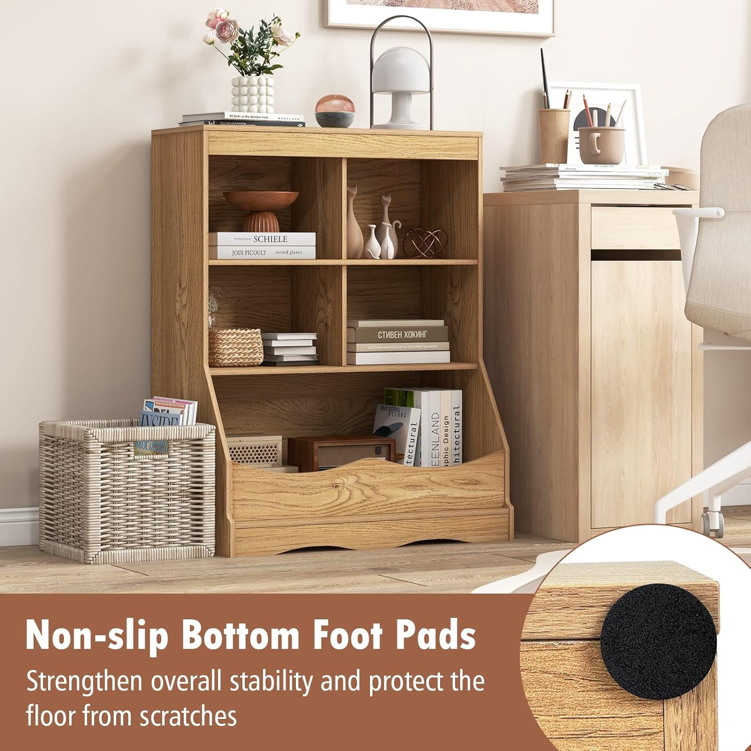 LINJH Storage Cabinet, Small Bookshelf, Short Bookcase with 4 Open Cube & Bottom Compartment, Anti-Tipping Device, Foot Pads, Cubby Storage Organizer for Study, Living Room-Natural