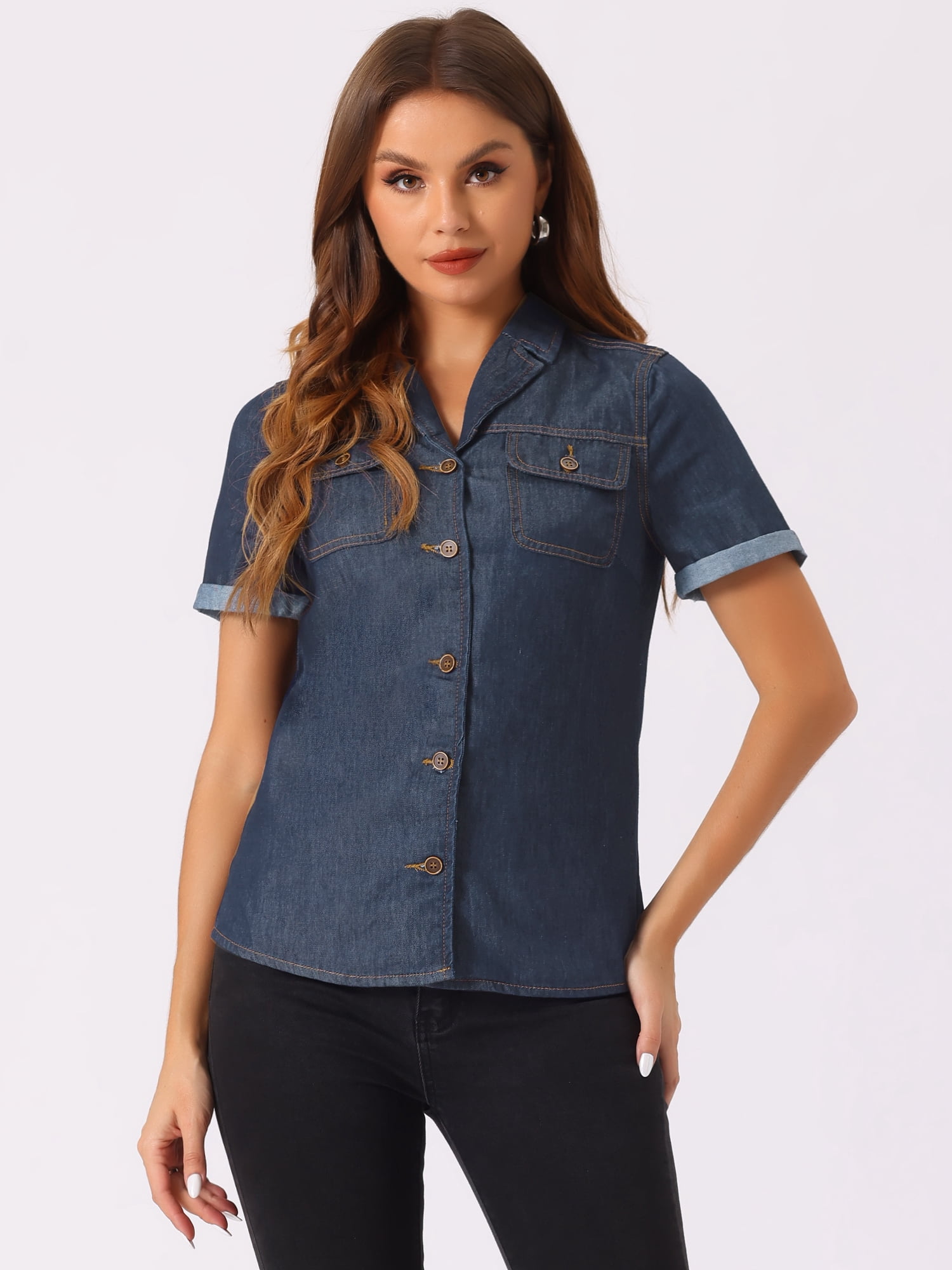 DARING DIVA Women's Denim Collared Short Sleeve Chest Pocket Button Up Shirt L Deep Blue