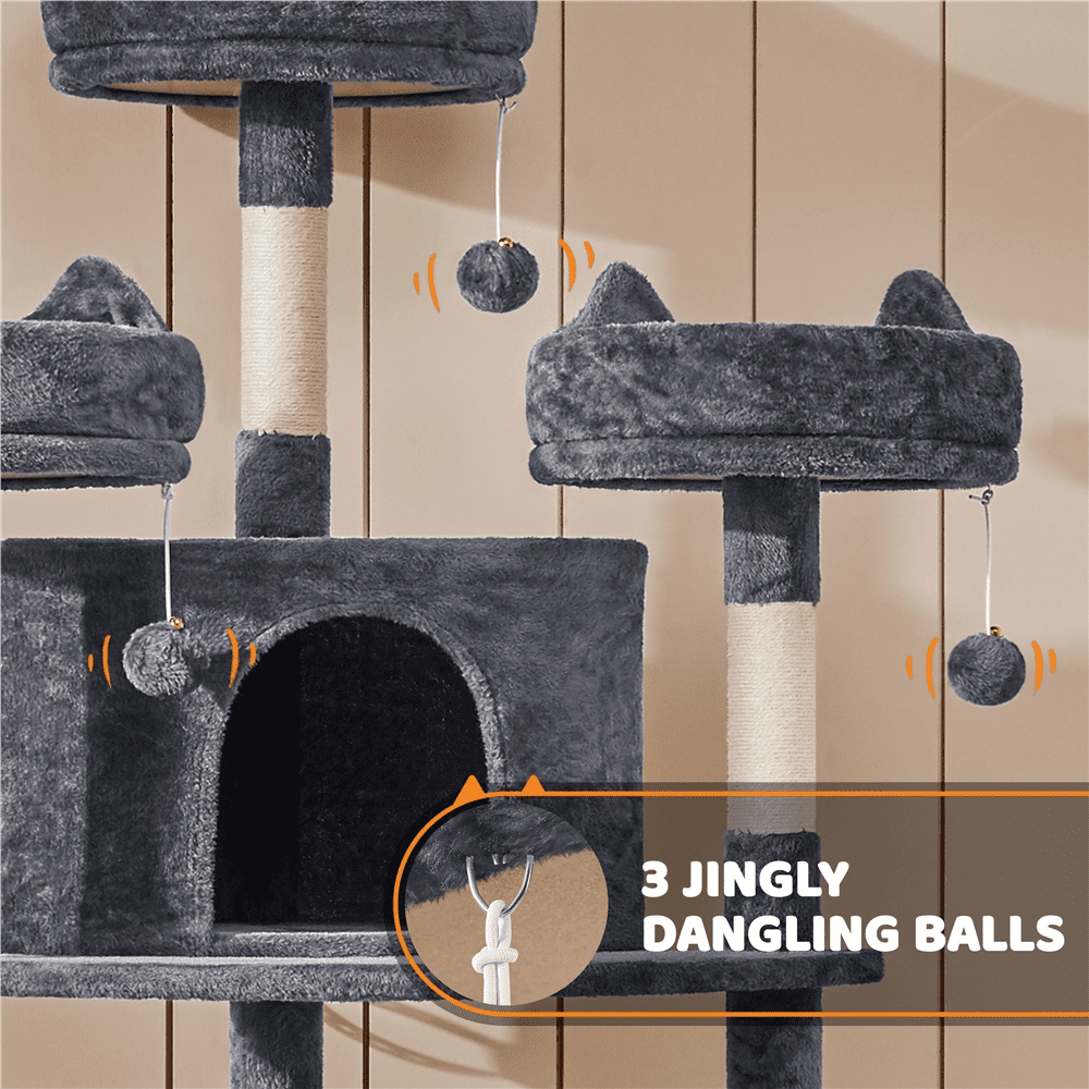 Alden Design 68.5"H Large Multilevel Cat Tree Tower with Condos and Perches, Dark Gray