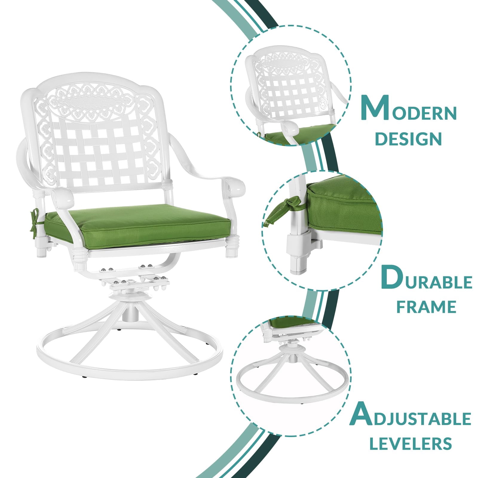 MEETWARM 2 Piece Patio Dinning Swivel Chairs Rocker, Outdoor All-Weather Cast Aluminum Chairs with Cushions, Patio Bistro Dining Chair Set for Garden Deck Backyard, White