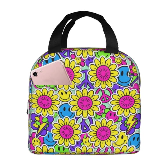 Flower Insulated Lunch Bag ,Reusable Lunch Box,Bento Lunch Box Cooler Bag With Front Pocket For Women Men,Cute Lunch Tote Bag Lunchbox For Work/Office/Travel/Picnic