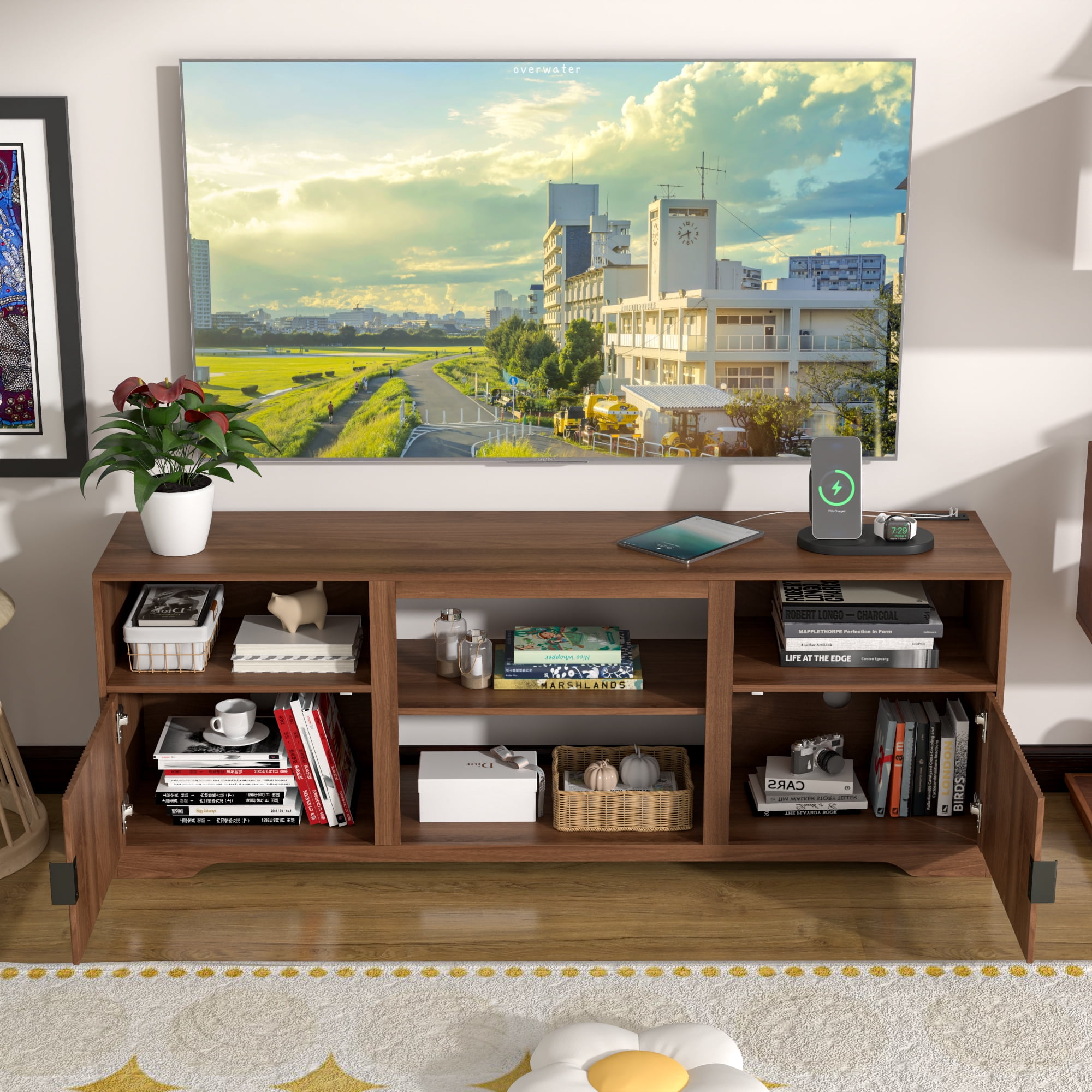 LUCKYELF Modern TV Stand for TVs up to 80", Entertainment Center with Storage, Media TV Console Table for Living Room, Bedroom, Walnut Color