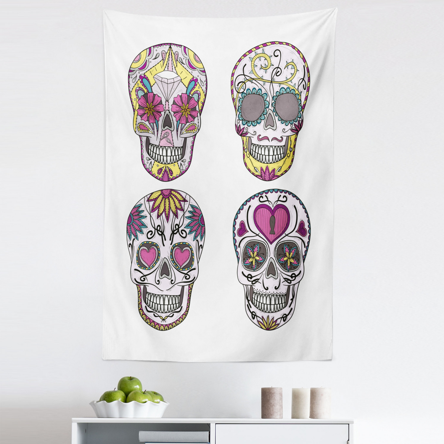 Sugar Skull Tapestry, Mexican Style Traditional Sugars Hearts Ornate