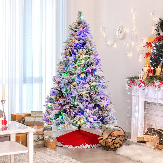 Gymax 6 FT Pre-Lit Artificial Christmas Tree Snow-Flocked Hinged Xmas Tree w/ 240 LED Lights & 850 Branch Tips