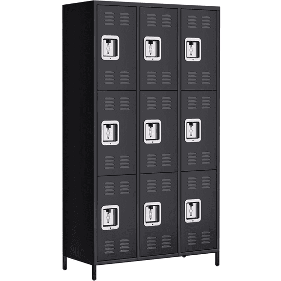 Metal Lockers for Employees with 9 Doors Black Steel Storage Locker Combination,72" Large Locker Storage Cabinet with 12 Hooks and 6 Shelves for Home School Office Gym,Assembly Required