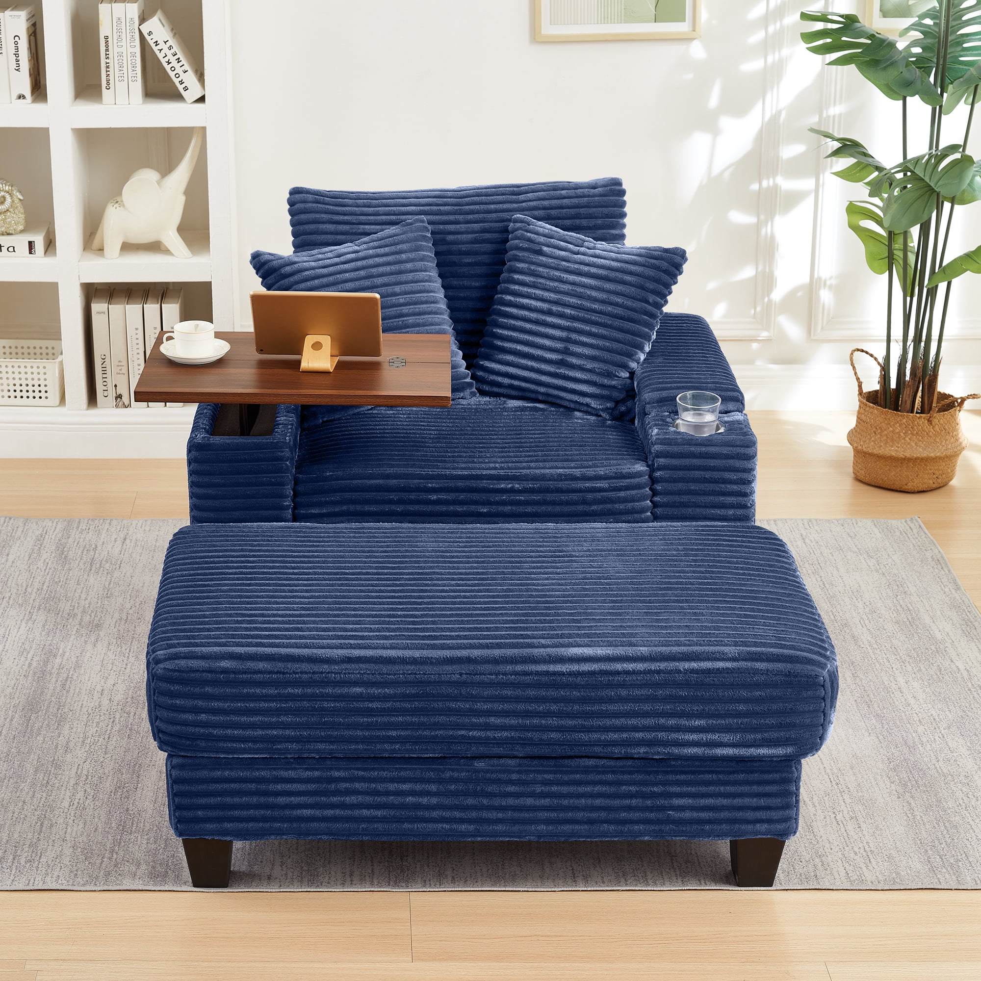 Chaise Lounge Chair Indoor,Corduroy Single Upholstered Sofa Bed with Ottoman,Cup Holder & USB Ports,180°Rotating Table Board for Living Room,Bedroom,Apartment,Blue