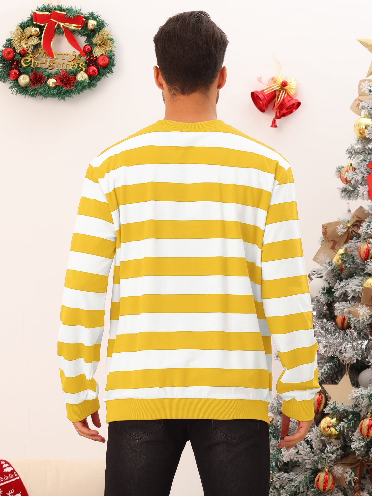 Unique Bargains Men's Striped Crew Neck Pullover Color Block Sweatshirts 2XL Yellow White