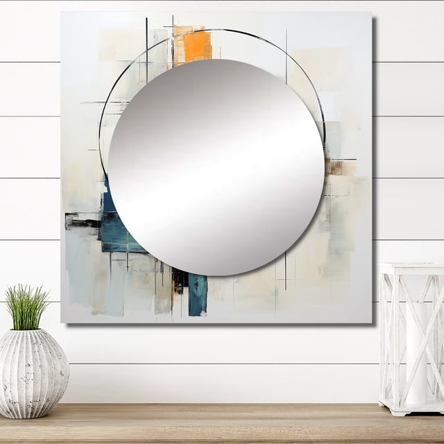 Designart "Beige Minimalist Collage VI" Abstract Collages Square Mirror Wall Decor Transitional - Large Multi-Color Square Bathroom Mirror - Square Printed Wall Mirror Art