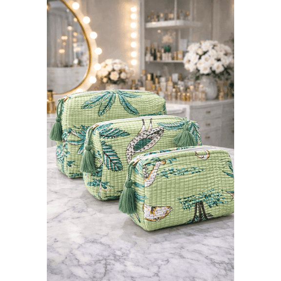 Green Tropical Quilted Cosmetic Bag Set for Women, Pack of 3 Makeup Organizer Pouches, Travel Toiletry Zipper Storage Bags