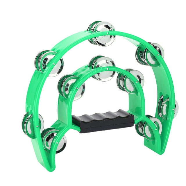 Instrumento musical de percusión tipo pandereta con cascabeles de doble fila (verde)