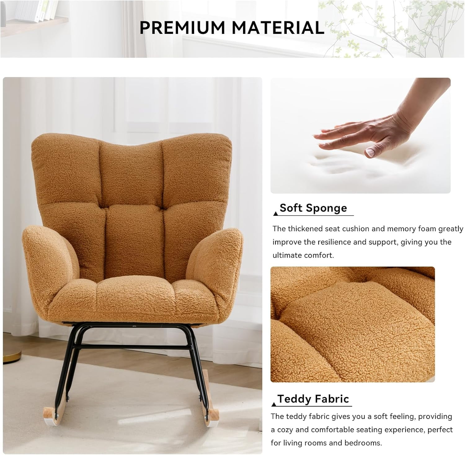 Rocking Chair Nursery Teddy Upholstered Glider Rocker High Backrest Nursery Rocker Comfortable Armchair