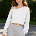 thumbnail image 6 of Girls off Shoulder Cropped Sweatshirt, Oversized Drop Shoulder Long Sleeve Pullover Tops for Loungewear Casual Daily Streetwear White 11-12Y, 6 of 9