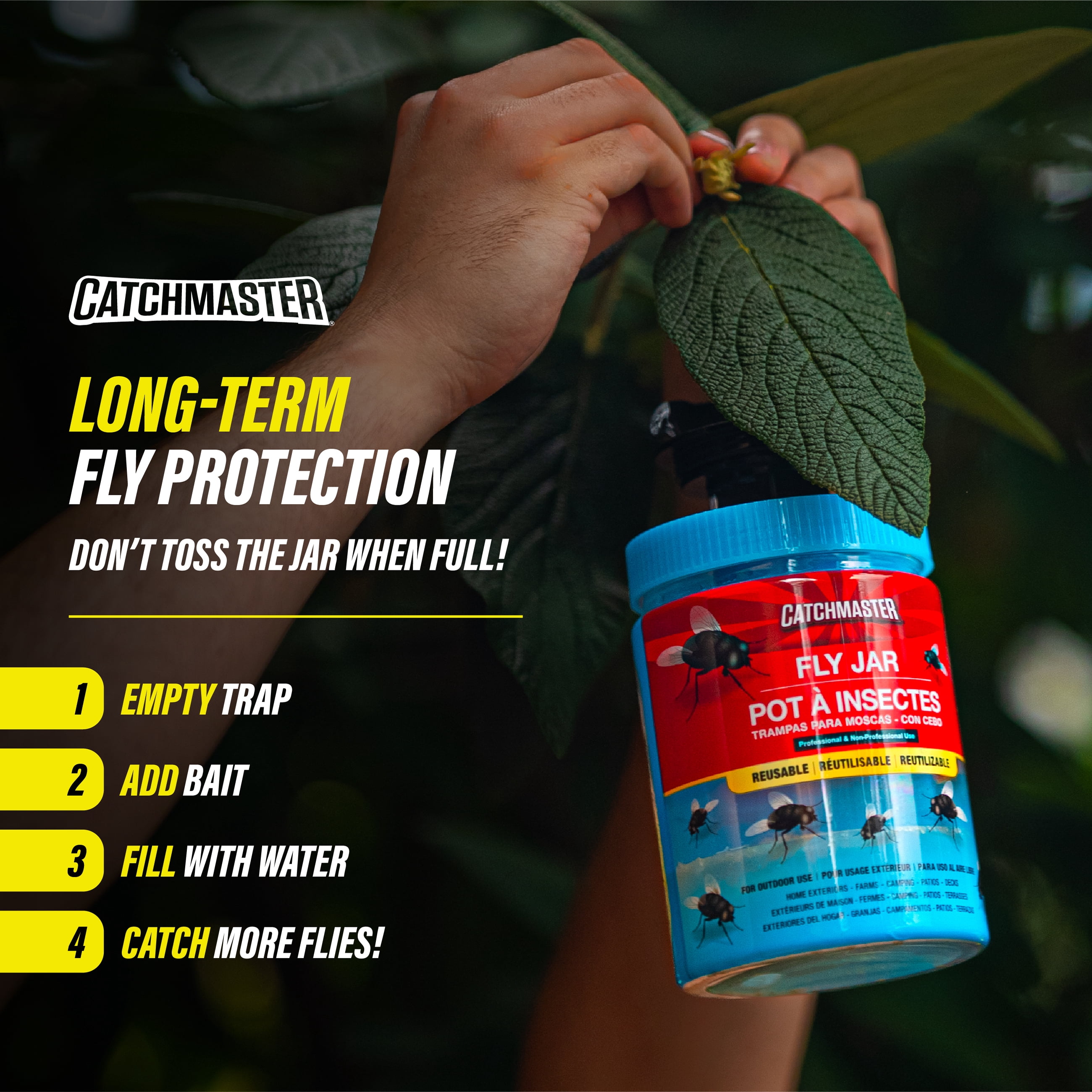 Catchmaster Reusable Outdoor Fly Traps with Fly Bait – 2 PK Hanging Fly Trap Jars