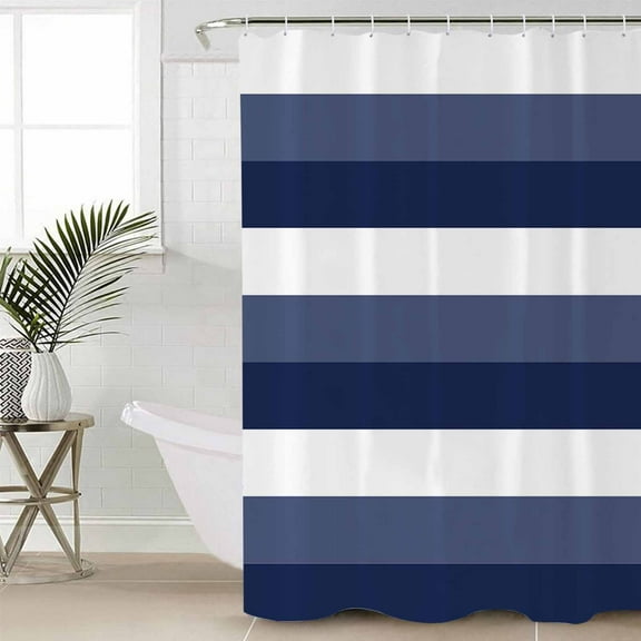 Navy Blue White Striped Waterproof Fabric Shower Curtain, Farmhouse Stripes Shower Curtain for Bathroom Curtains Bathtubs Hotel Washable Shower Curtains with 12 Hooks Small 36x78in