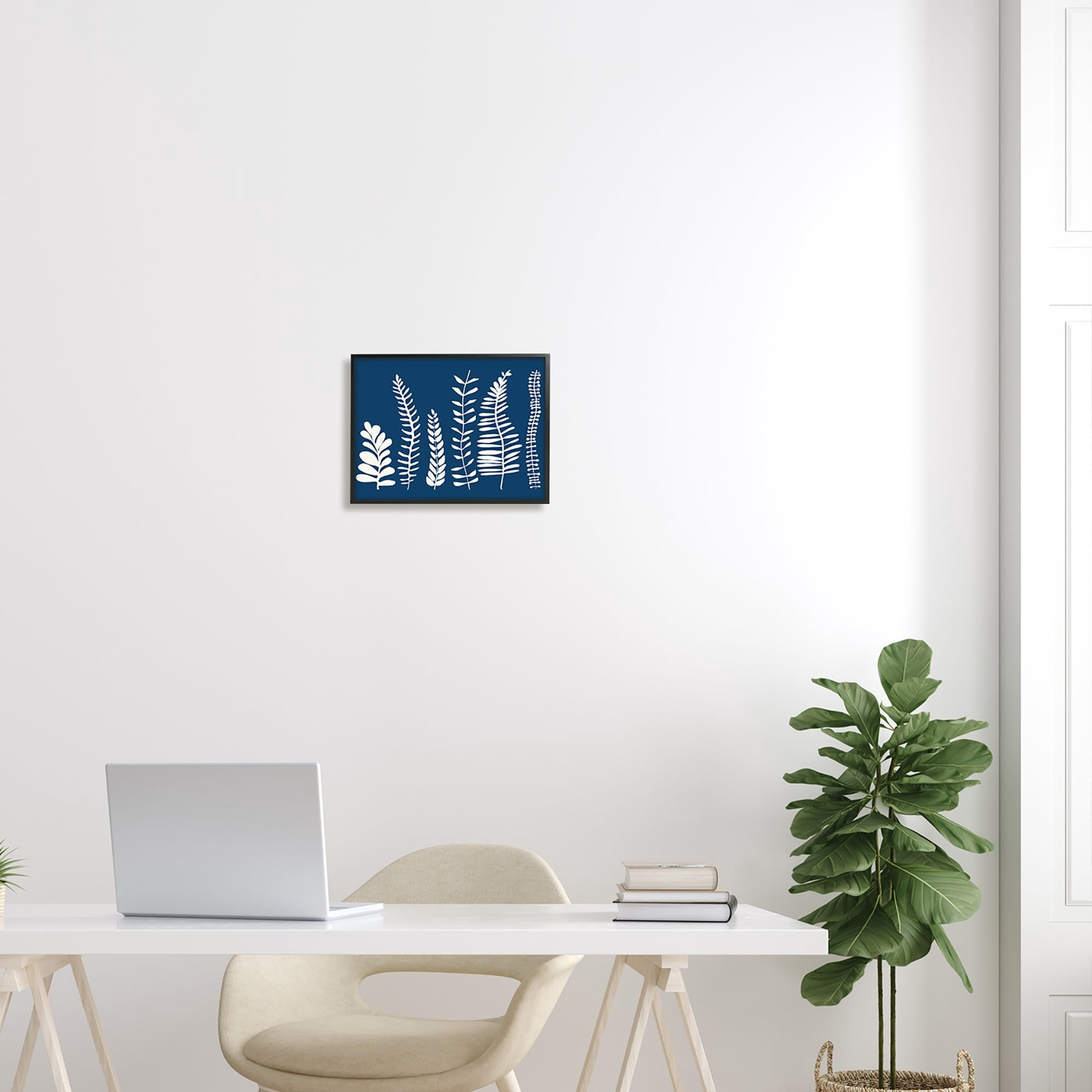 Stupell Industries Modern Fern Plant Leaves Blue Nature Silhouettes Graphic Art Black Framed Art Print Wall Art, Design by Deborah Velasquez