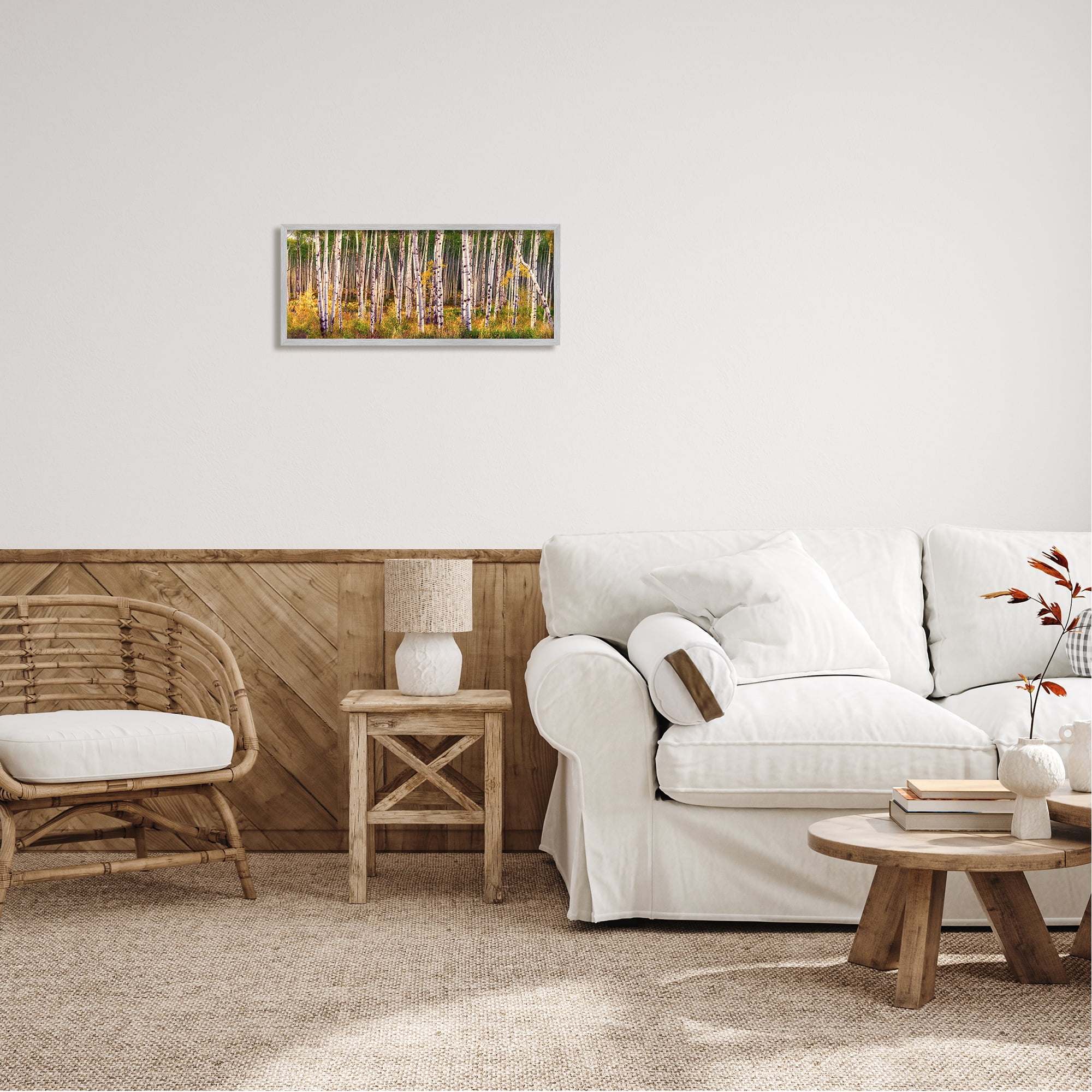 Stupell Industries Autumn Birch Trees Nature Painting Gray Framed Art Print Wall Art, 24 x 10