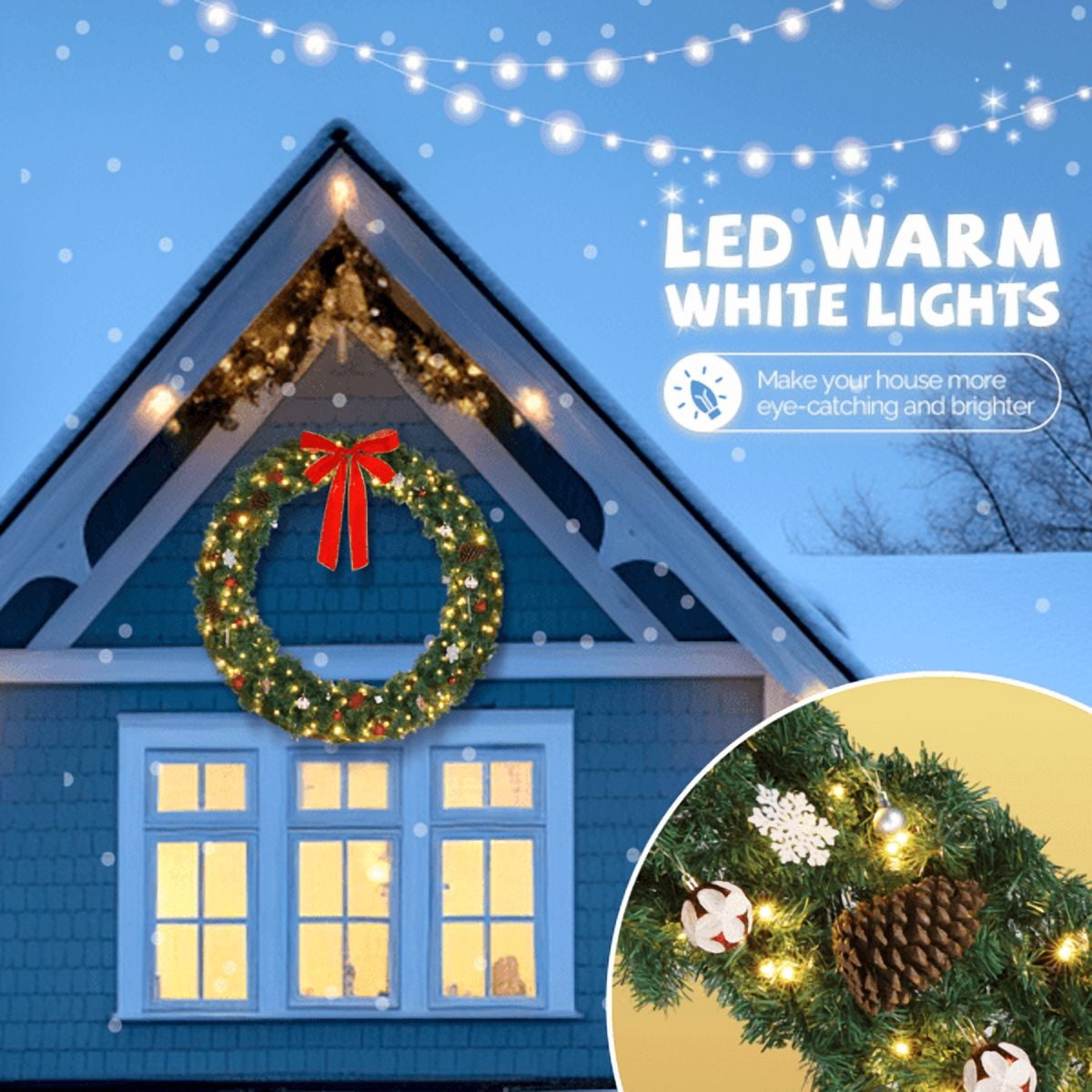 Alvantor 48-Inch Pre-Lit Christmas Wreath with 150 LED Lights, 450 Tips, Red Bow and Remote, Green
