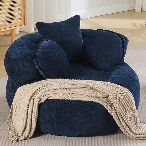 43'' Round Oversized Chaise Lounge Indoor Chair, No Assembly Chenille Compressed Circle Sofa Bed,Comfy Upholstered Sleeper Couch,Lazy Bean Bag Couch for Living Room, Bedroom,Navy