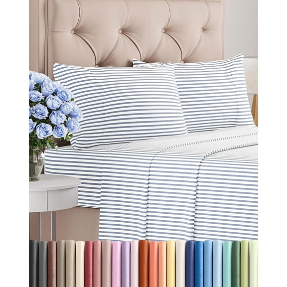Queen Size 4 Piece Sheet Set in Blue Stripes with Deep Pockets