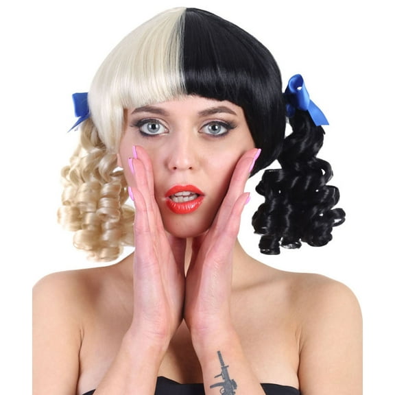 Women's Wig | Curly Ponytail Wig w/ Blue Ribbons, Black & Blonde Celebrity Wig | Premium Breathable Capless Cap