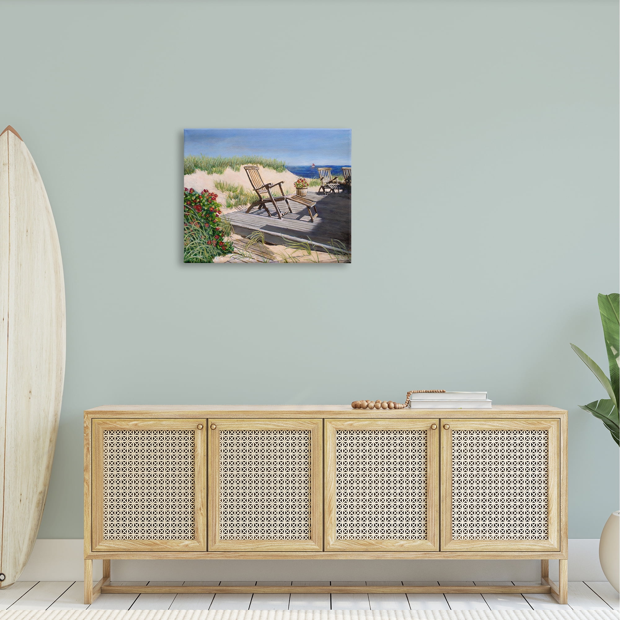 Stupell Industries Relaxing Waterfront Boardwalk Beach Chairs Summer Scene Painting Gallery Wrapped Canvas Print Wall Art, Design by Tom Mielko