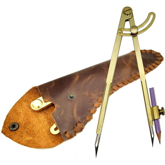 8'' Large Pencil Marking Compass Circle Leather Scratch Compass Maker Scriber Marking Wing Divider, Ideal for Drawing Circles, Scribing Wood Metal, Drafting, Map Plotting with leather cover