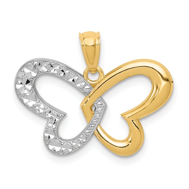 14K Rhodium Plated Yellow Gold & Rhodium Plated Diamond Cut Butterfly Pendant