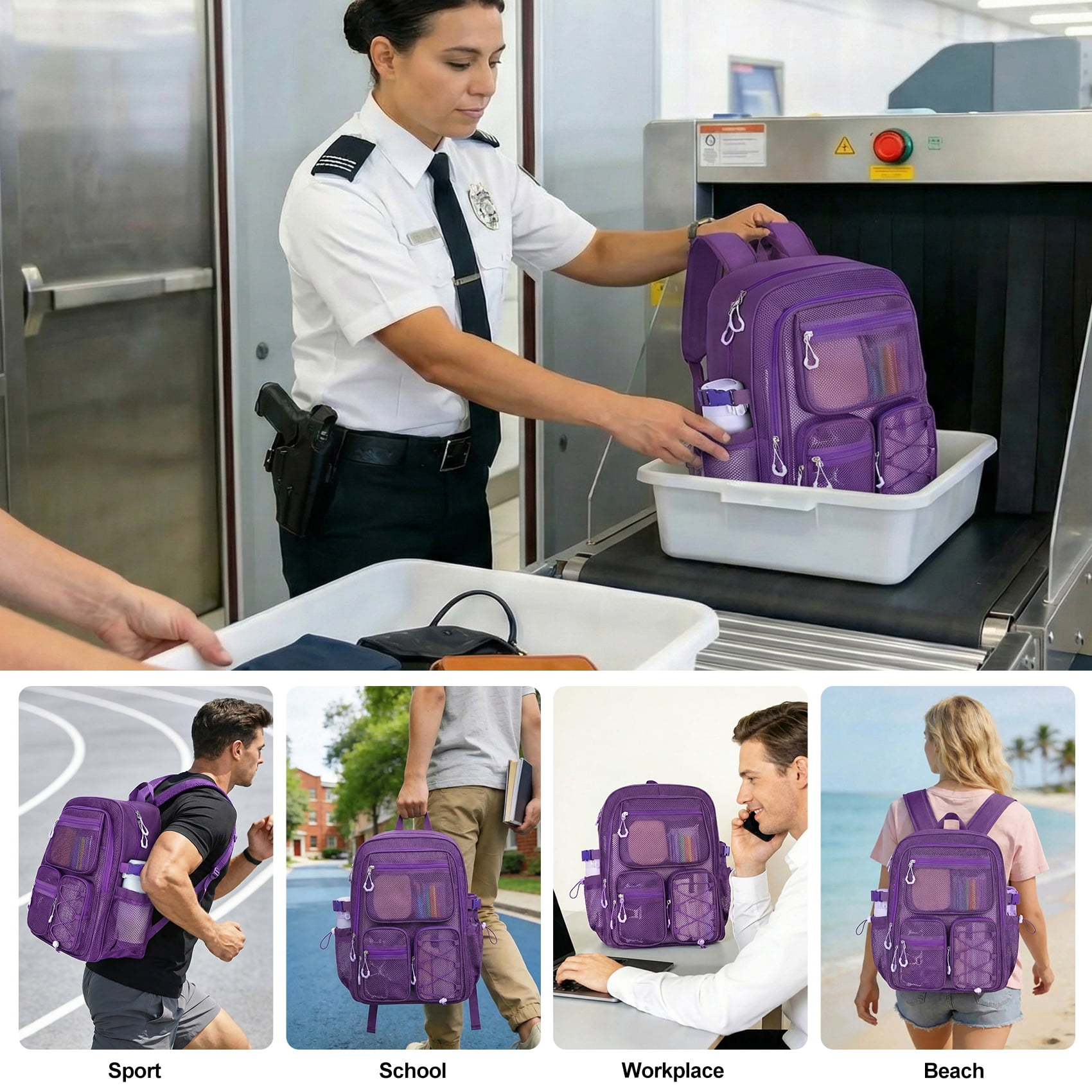 KOITHOT Mesh Backpack Heavy Duty, Stadium Approved Multi-Pocket Beach Backpacks for Adults, See Through Transparent Mesh Bookbag for School & Travel(Purple)