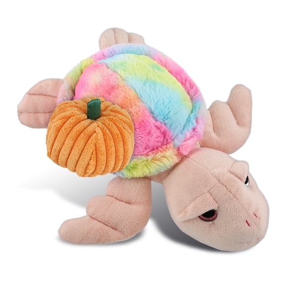 DolliBu Super Soft Plush Rainbow Pink Sea Turtle Stuffed Animal with Pumpkin Decor - Pumpkin Plush Animal for Fall, Halloween and Thanksgiving, Pumpkin Toy for Baby, Kids, Adults - 10 Inches