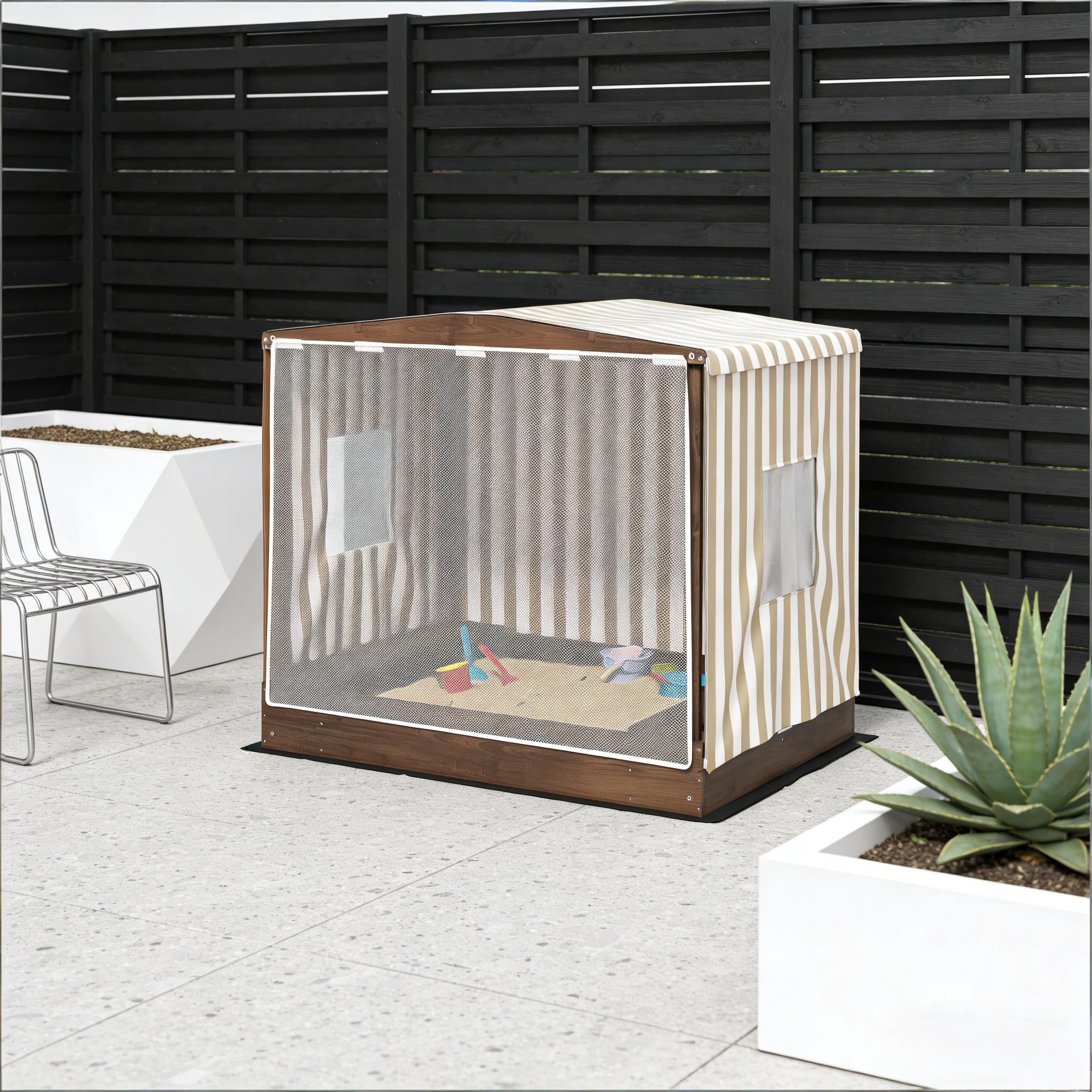Kids Wooden Sandbox with Full Canopy & Mesh Door, Outdoor Sand Pit with 4-Seat Benches & Under-Seat Storage, Bottom Liner Sandbox for Backyard Play, Ages 3-6